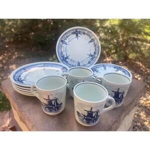 Set of 14 Vintage Holland Delft Blue Royal Goedewaagen plates cups saucers